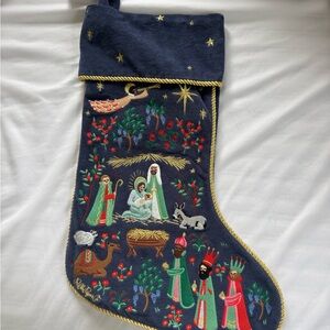 Rifle Paper Co. Navy Blue Embroidered Nativity Stocking with Gold Trim